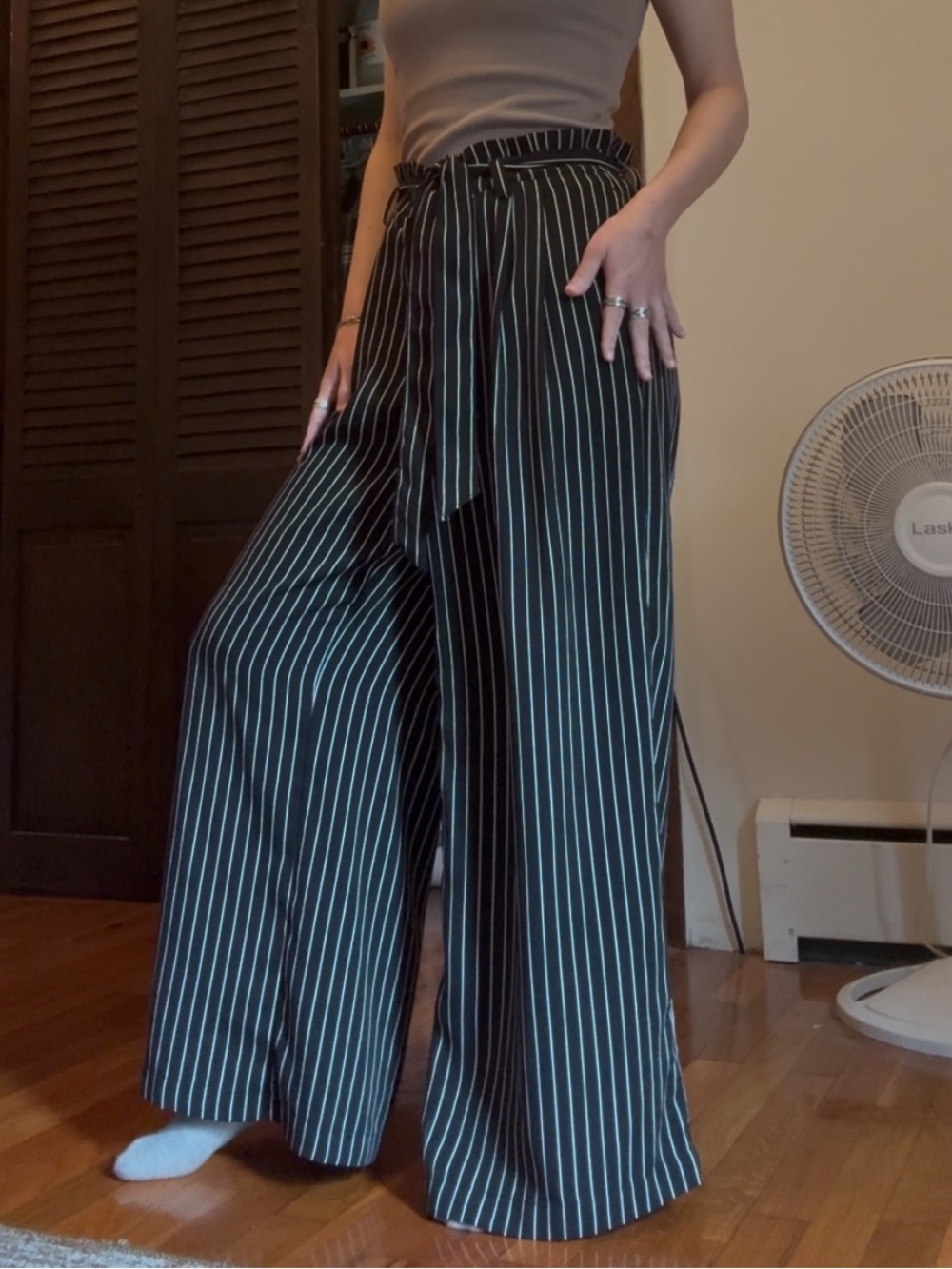 Striped Black & White High-Waist Pants - Medium / 6-8
